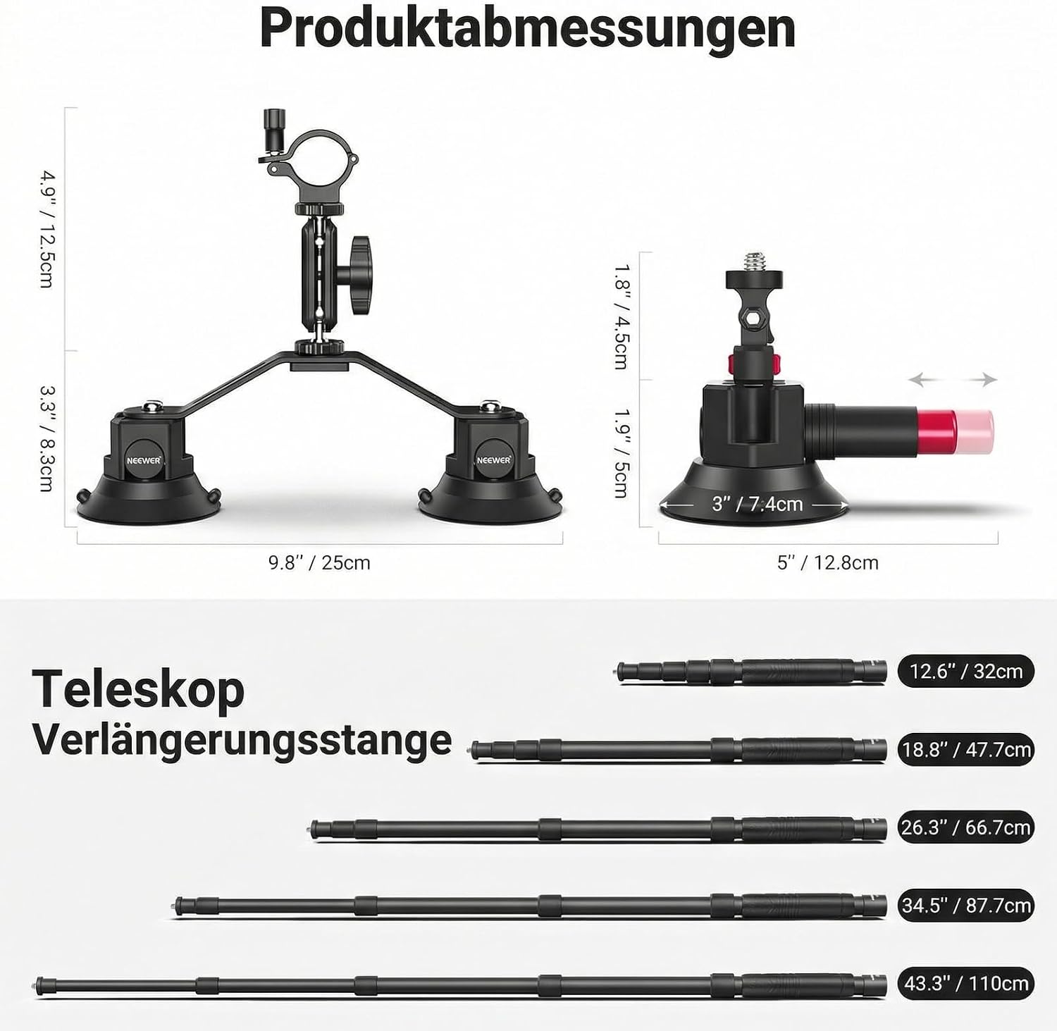 Detalle de NEEWER Dreifach Saugnapf Autohalterung CA065 für Insta360 X5/X4 & GoPro – mit 2-in-1 Teleskopstange