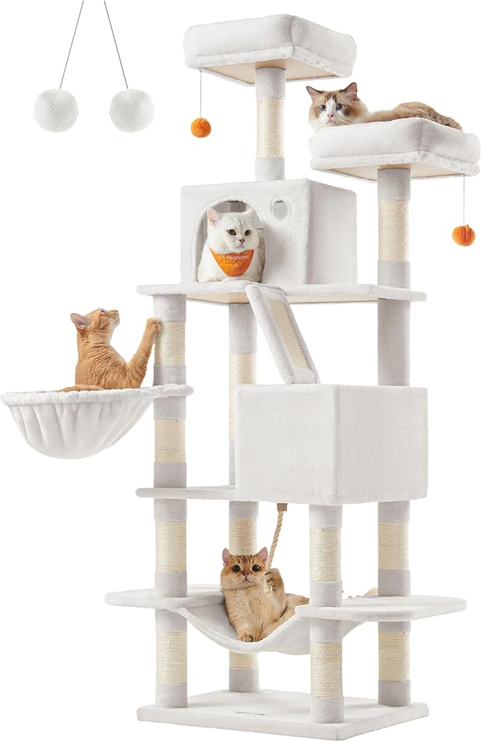 Feandrea Árbol Rascador para Gatos 🐱, 168 cm, Multinivel, Blanco