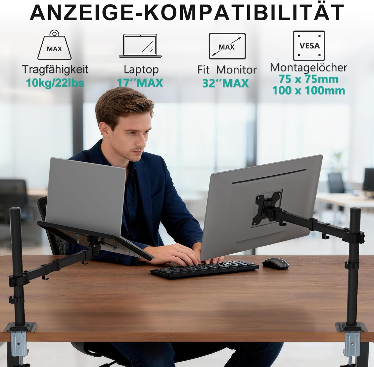 Detalle 2 de WALI Laptop-Halterung für den Schreibtisch, 17-Zoll, voll verstellbar bis 10 kg (M00LP) – schwarz