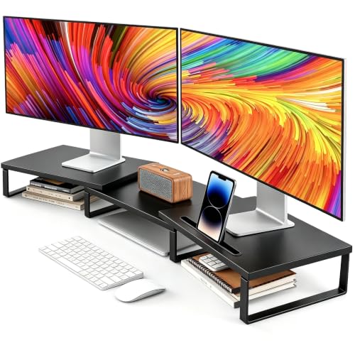 Detalle de DOMSHOCT Dual Monitor Stand Riser with Open Bottom Storage – 75kg Capacity, Adjustable Length and Angle, Black
