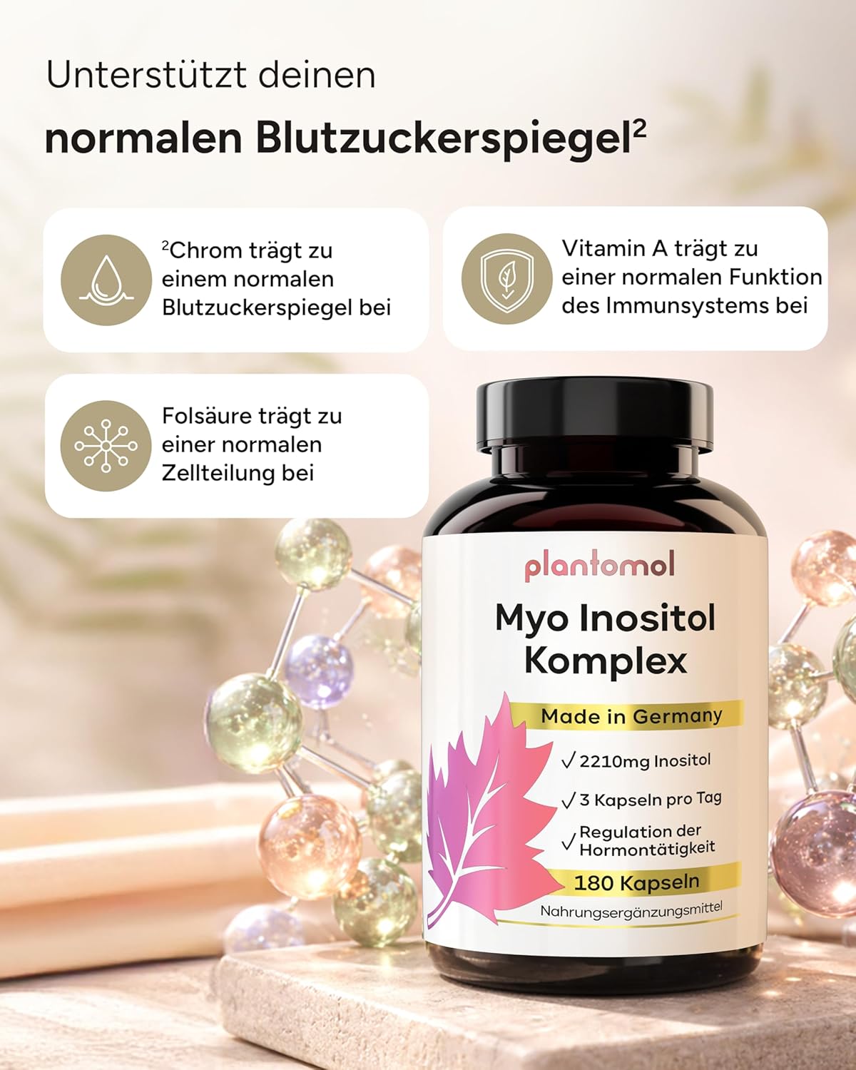 Detalle de 180 Myo-Inositol Kapseln „Hormon Balance“ für Frauen – Myo-Inositol, D-Chiro-Inositol, Folsäure, Vitamin B6 & Chrom