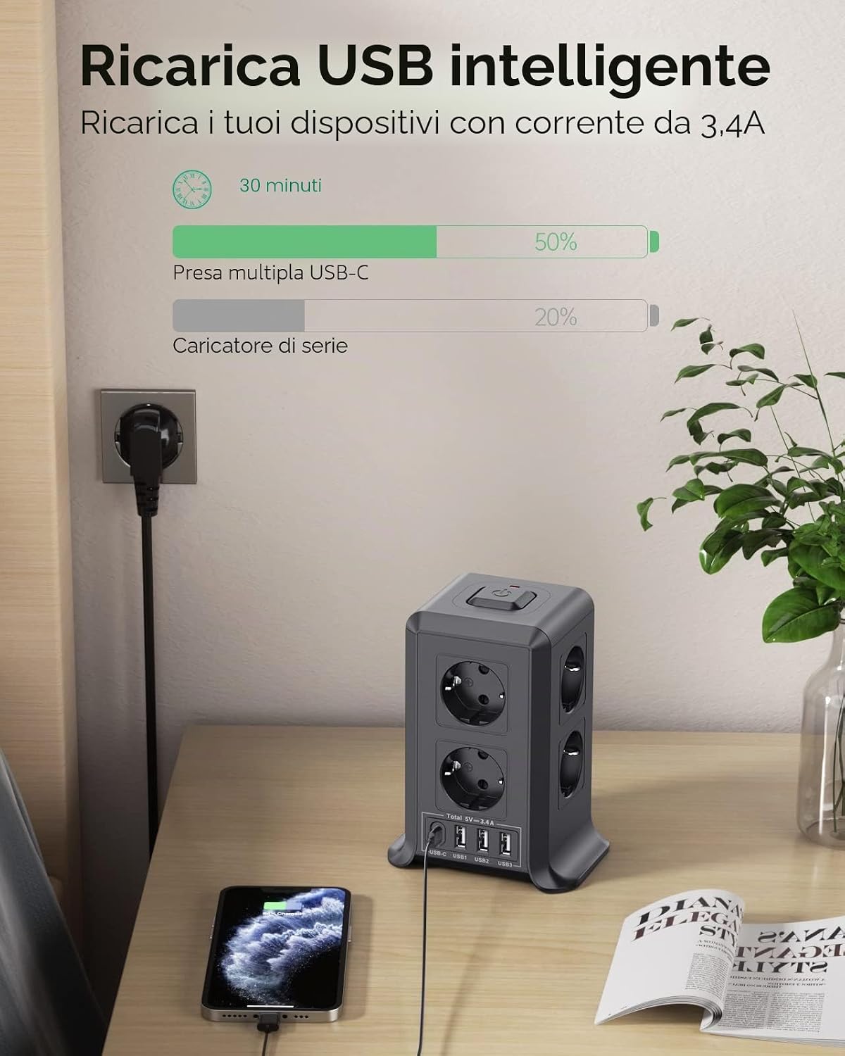 Detalle de Ciabatta multipresa Sameriver con interruttore e 4 USB (3 USB-A + USB-C) a torre, cavo 2 m