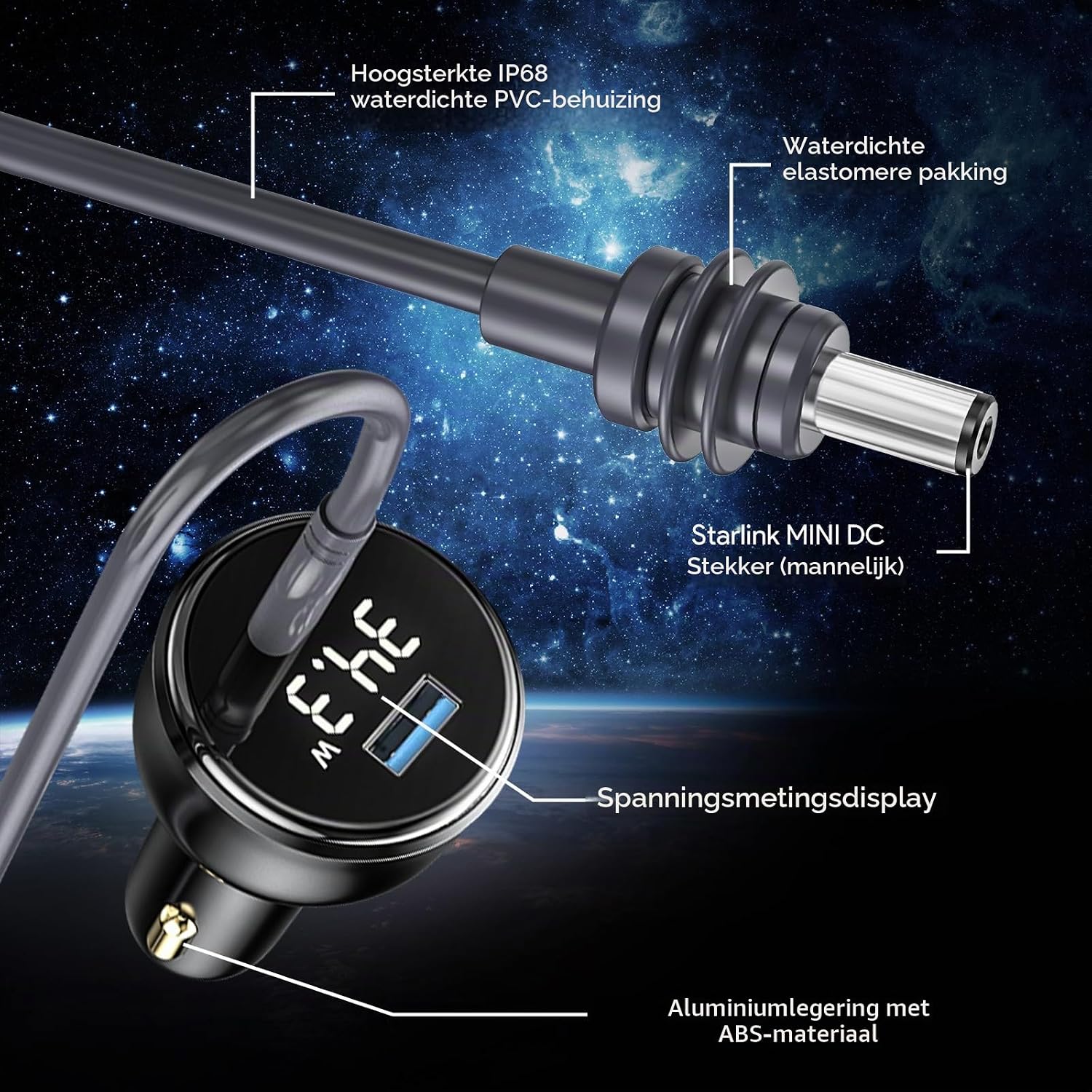 Detalle de EDUP Starlink Mini-autoadapter met 5 m kabel, voltmeter en USB-C