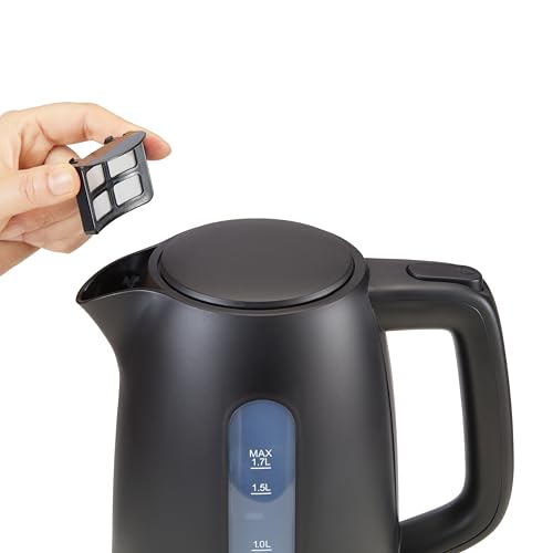 Detalle de Amazon Basics Bouilloire Électrique 1,7 L – 2200 W, Base 360°, Arrêt Automatique et Filtre Anti-Calcaire Amovible