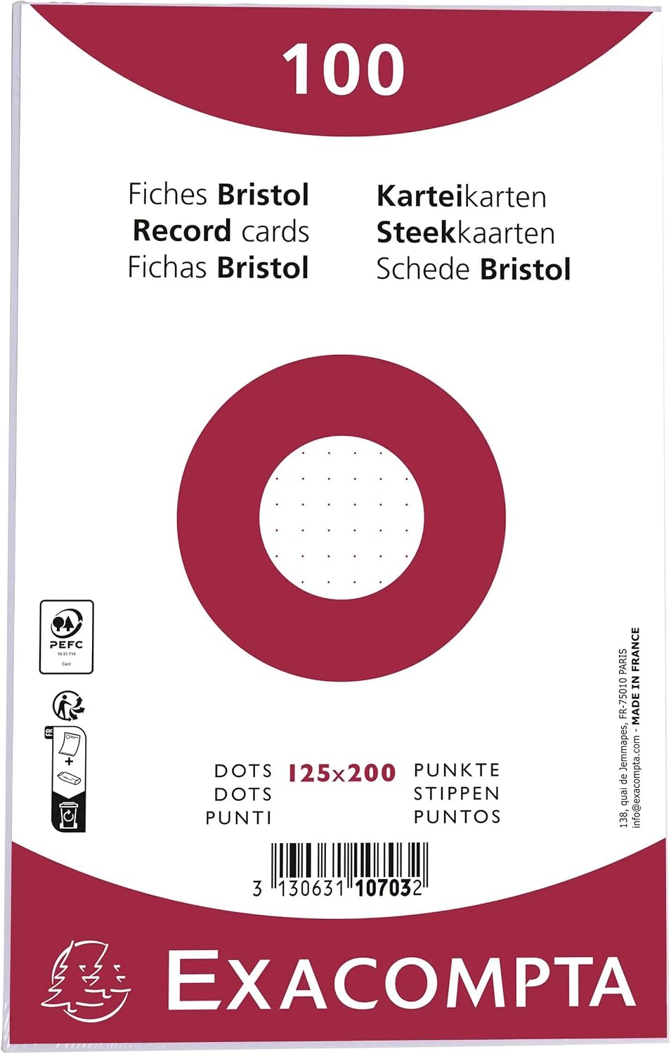 Detalle de Exacompta 10708E – Paquet de 100 fiches Bristol dots non perforé, 148 × 210 mm, papier Clairefontaine certifié PEFC