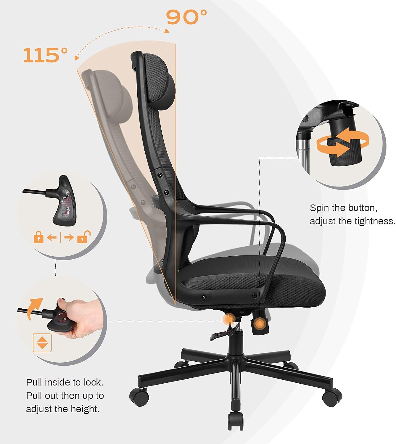 Detalle de MELOKEA Schreibtischstuhl: Ergonomischer Bürostuhl mit verstellbarer Lordosenstütze, Kopfstütze und Hoher Rückenschonung – Schwarz