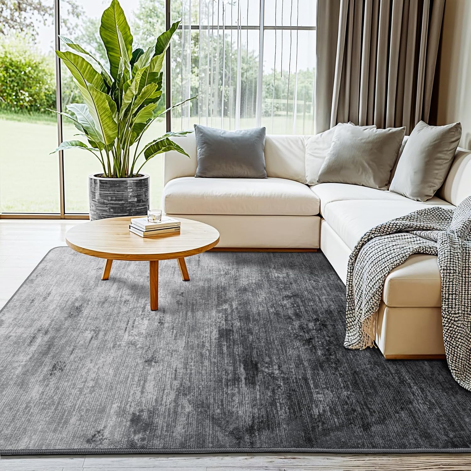 Detalle de LIANLAM 3' x 5' Washable Area Rug, Gray Polyester, Low-Pile, Non-Slip Backing