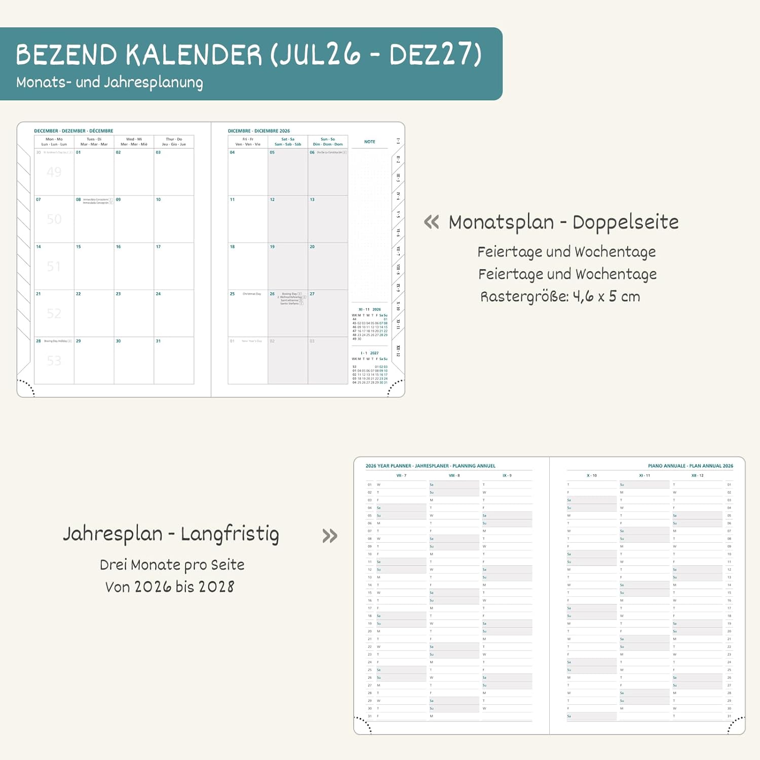 Thumbnail 3 de BEZEND Kalender 2026/2027 Wochenplaner A5 – Dunkelgrün, PU-Leder Hardcover, 18 Monate Juli 2026 bis Dez 2027