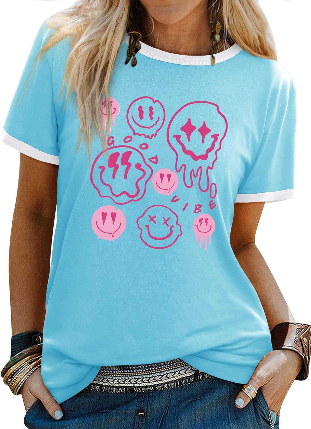 Thumbnail 5 de WIEIYM Women’s Funky Graphic T-Shirt with Smile Face Crew Neck