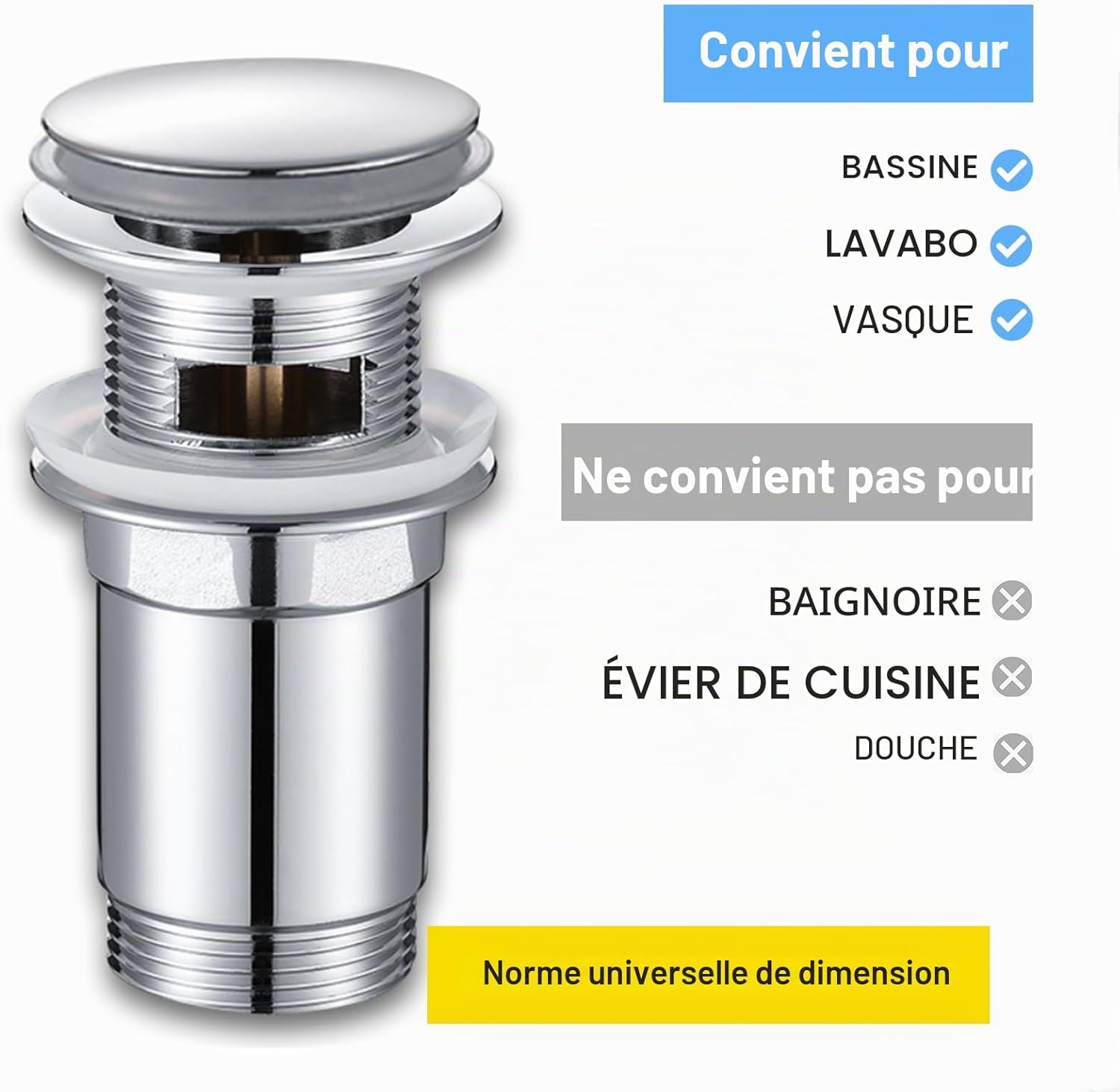 Detalle de SURFOU Bonde de Lavabo sans Trop-Plein avec Clapet Pop-up en Acier Inoxydable – Chromé Argenté
