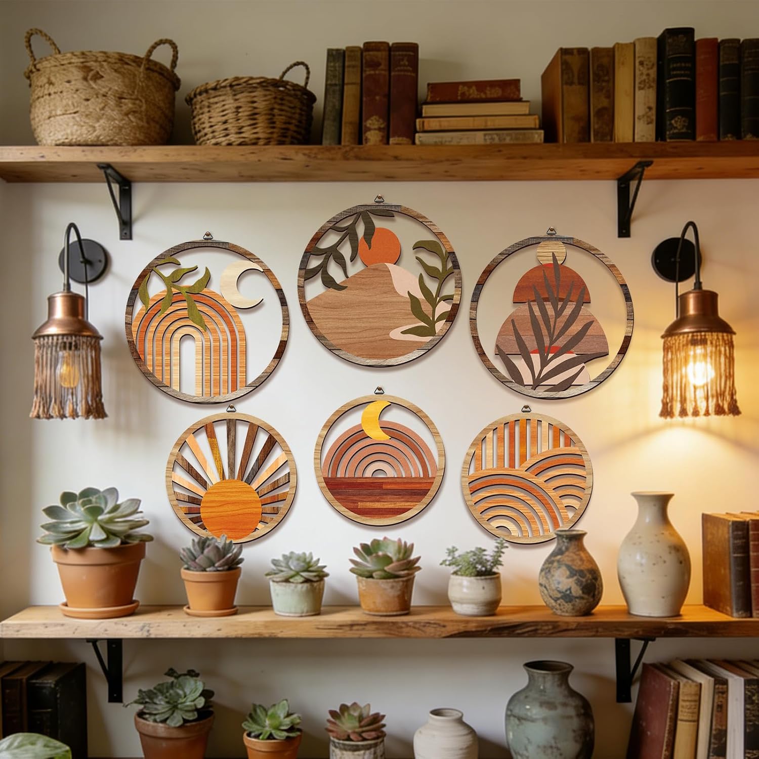 Thumbnail 6 de Twinklemon set of 6 bohemian wooden wall art pieces with round moon & sun designs and hooks