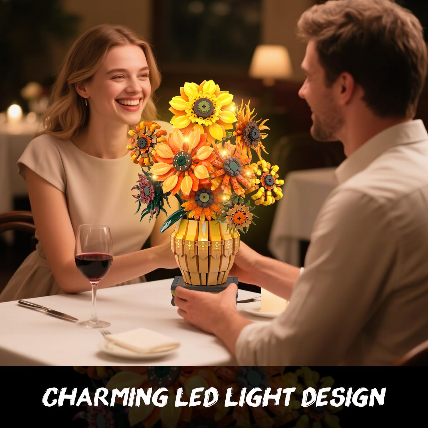 Detalle de PLAXSOON Sonnenblumen Bauspielzeugset mit Licht – 1.180-teiliger Botanical-Strauß (ab 12 Jahren)