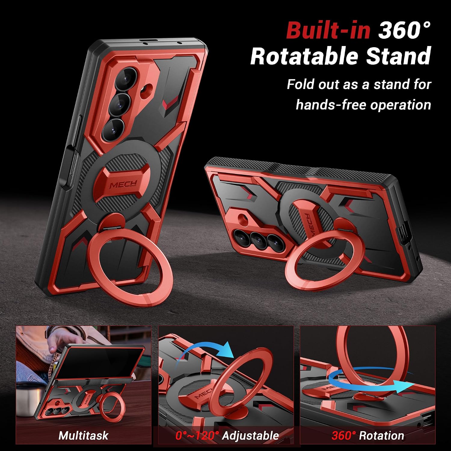 Detalle de Tongate Z Fold 7 Magnetic Case Red、360°回転スタンド・覗き見防止ガラス付きケース