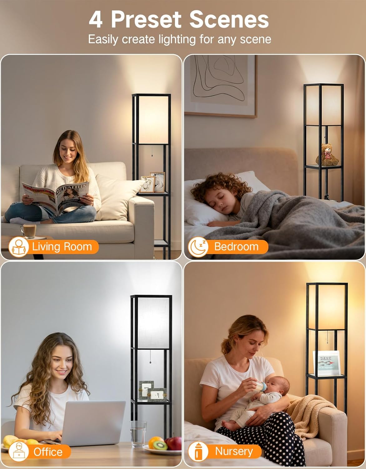 Thumbnail 4 de OUTON Stehlampe mit Glasablagen – Einstellbare Farbtemperaturen (3000K–6000K), LED, Holz Eck-Display, Schwarz