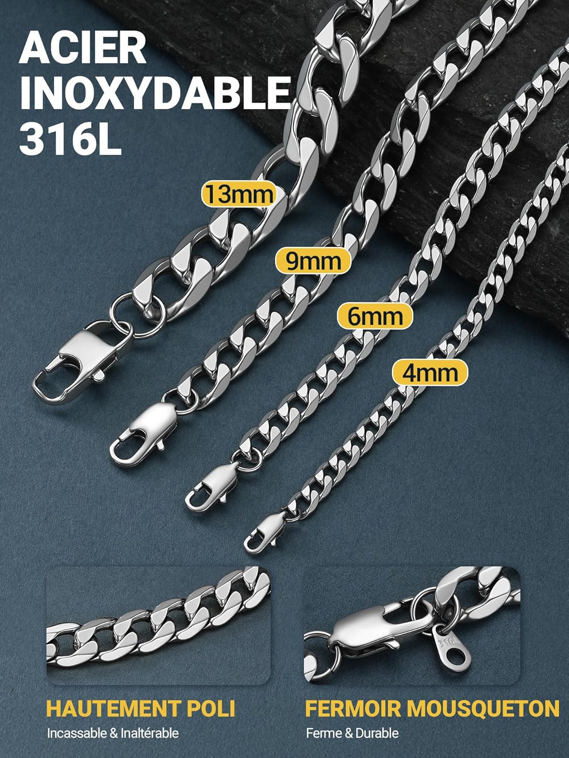 Thumbnail 4 de PROSTEEL Collier Homme Chaine Acier Inoxydable – Maillons Cubains 9 mm avec finitions Argent, Or ou Noir (46–76 cm)
