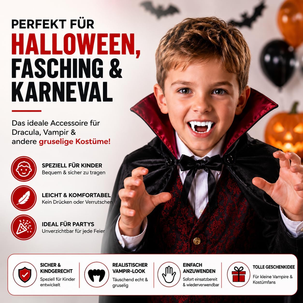 Detalle 2 de Costumed Store CO-001 vampyrtänder för barn med tydliga huggtänder