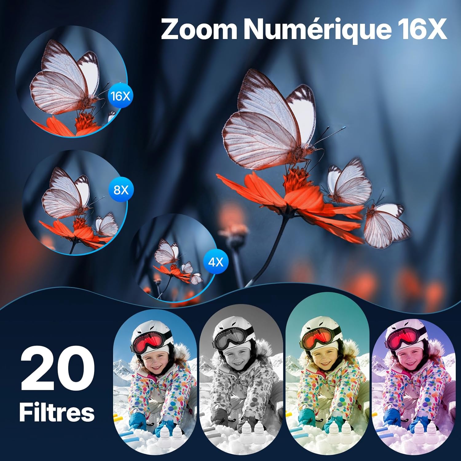 Detalle de Appareil photo numérique compact 44MP : vidéo HD 1080P, écran IPS 2,4”, zoom numérique 16X