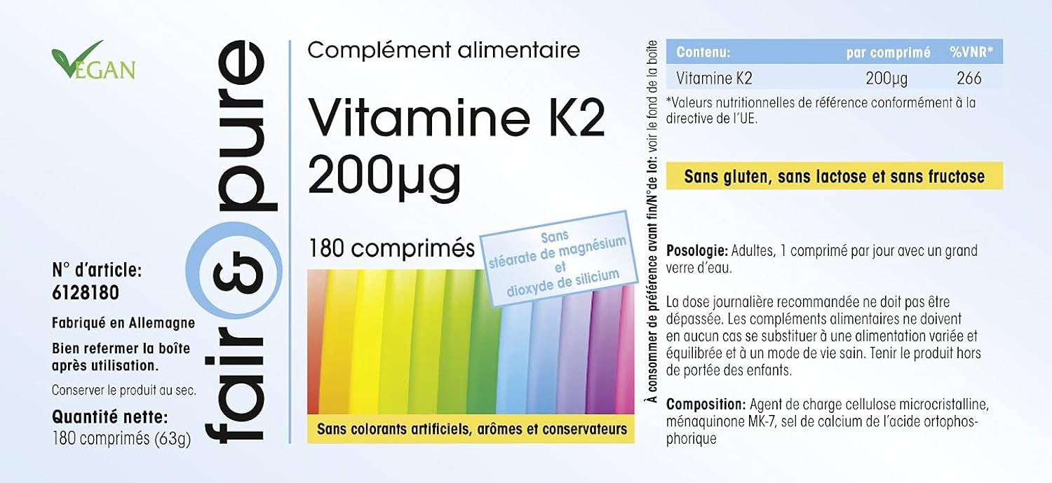 Detalle de Fair & Pure Vitamin K2 200µg MK-7 – 180 Tabletten, vegan, hergestellt in Deutschland