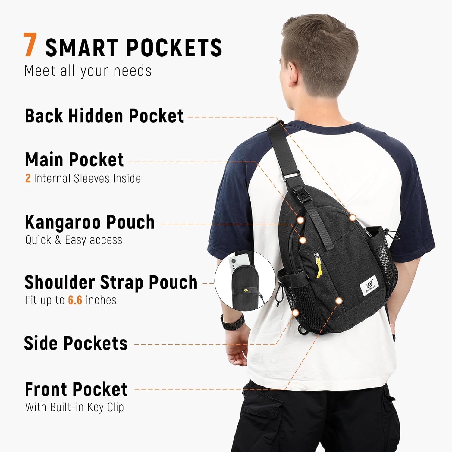 Detalle de SKYSPER Sling Bag anti-theft crossbody with RFID protection and 7 pockets