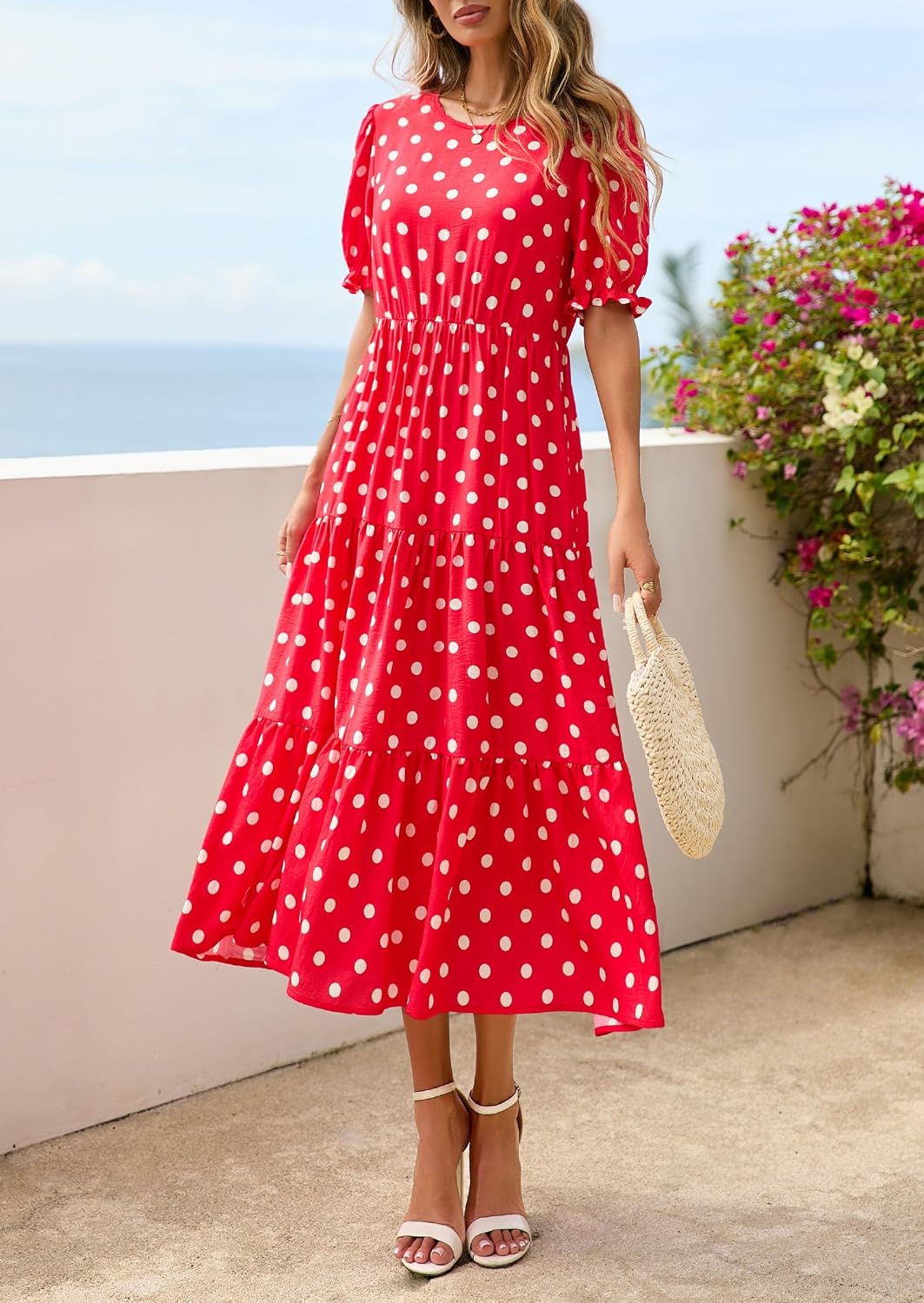 Thumbnail 4 de PRETTYGARDEN Women's Short Sleeve Midi Floral Dress — Boho A-Line, Elastic Waist, Spring-Summer Ready