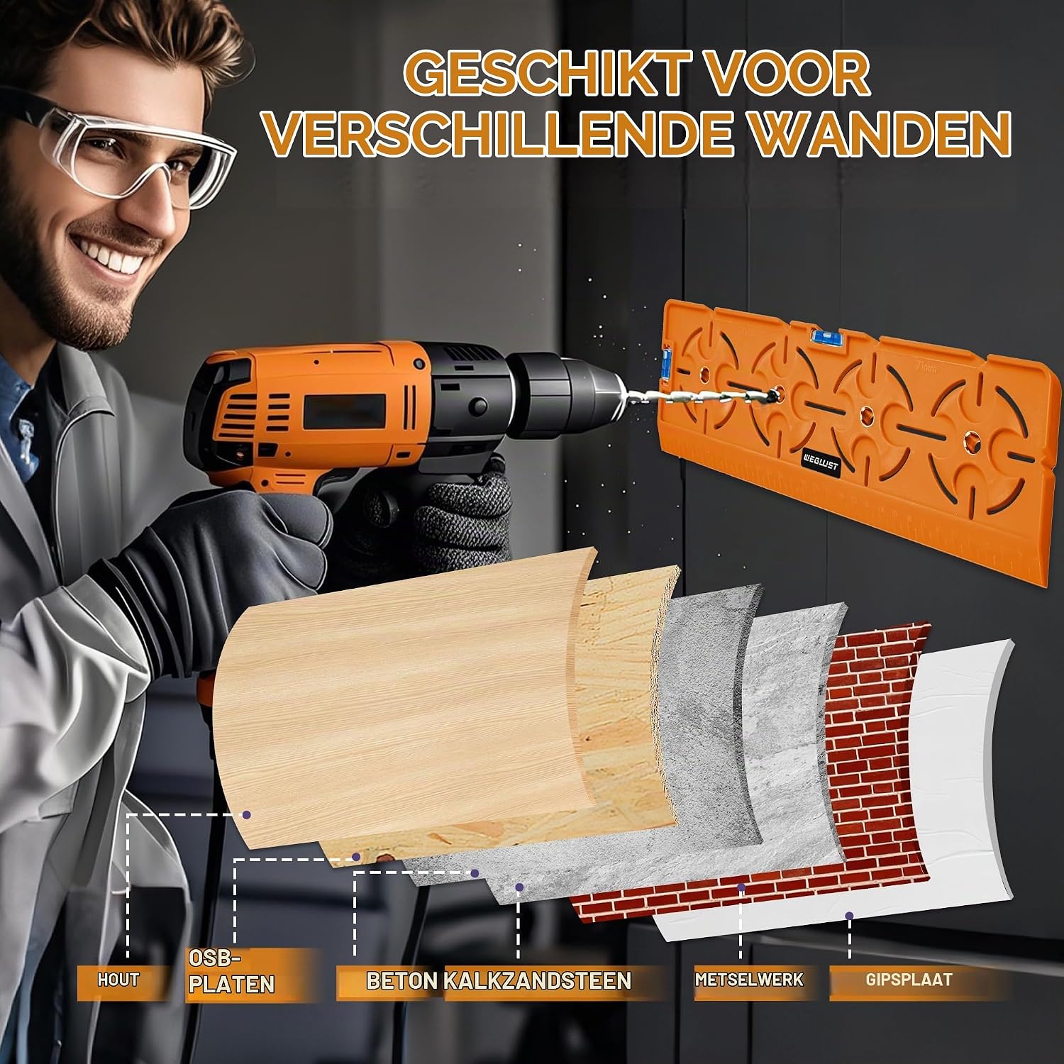 Thumbnail 3 de WEGLUST Steckdosen Schablone 202412 boorsjabloon met waterpas, 30 cm liniaal en 71 mm afstand