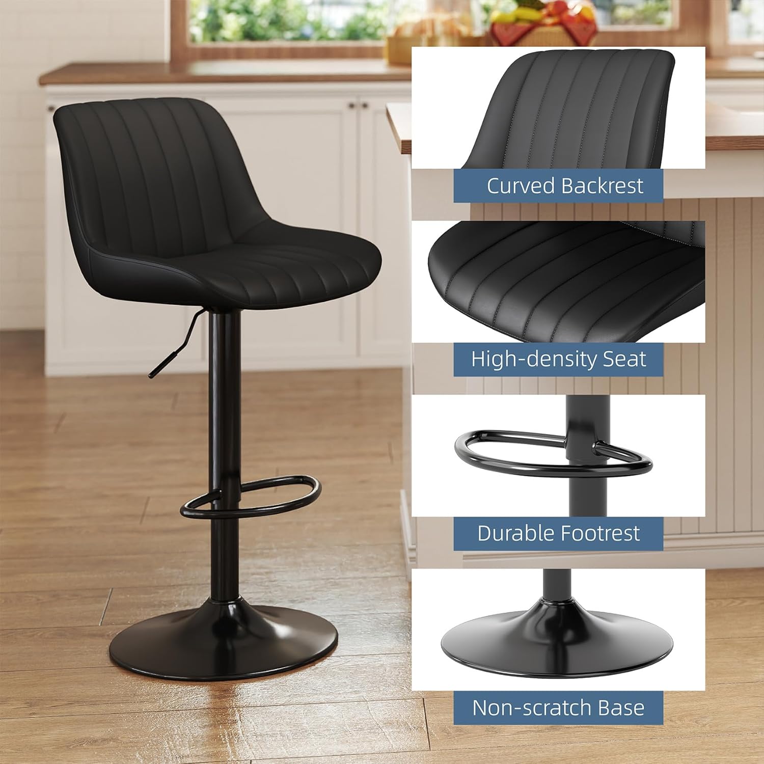 Thumbnail 6 de Youhauchair Bar Stools Set of 4 – Swivel Counter Height Stools with Back, Adjustable PU Leather, Black