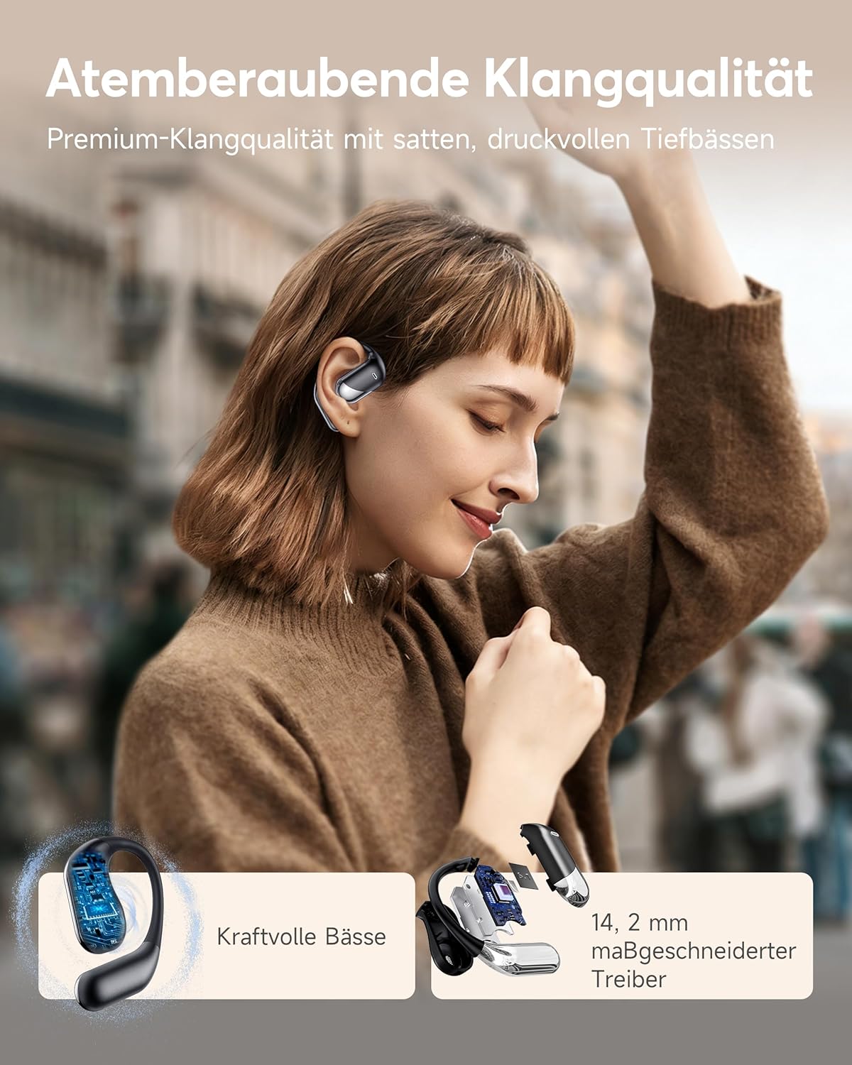 Detalle de Offene Ohr Kabellose Ohrhörer – Sport Bluetooth mit Echtzeitübersetzung, 80 Stunden Akkulaufzeit, IP55, Open-Ear-Design (Schwarz)