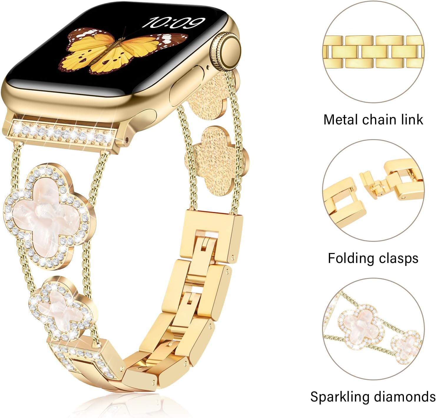 Detalle de Tasikar Bling Diamond Women Straps for Apple Watch 38–49mm (Gold) – Lucky Clover Dressy Replacement Band