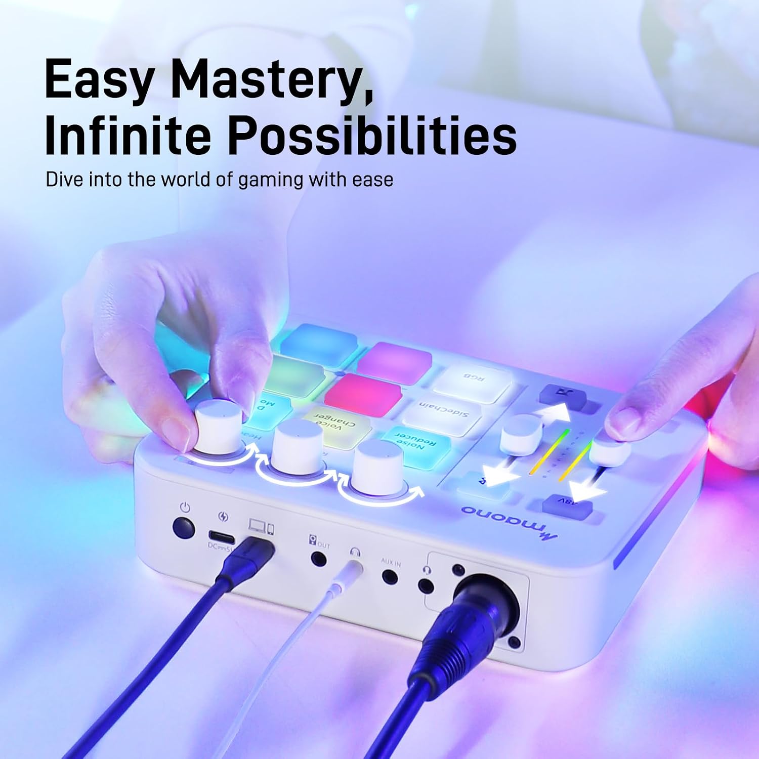 Detalle 2 de MAONO G1 NEO White Gaming Audio Mixer with XLR, 48V and RGB
