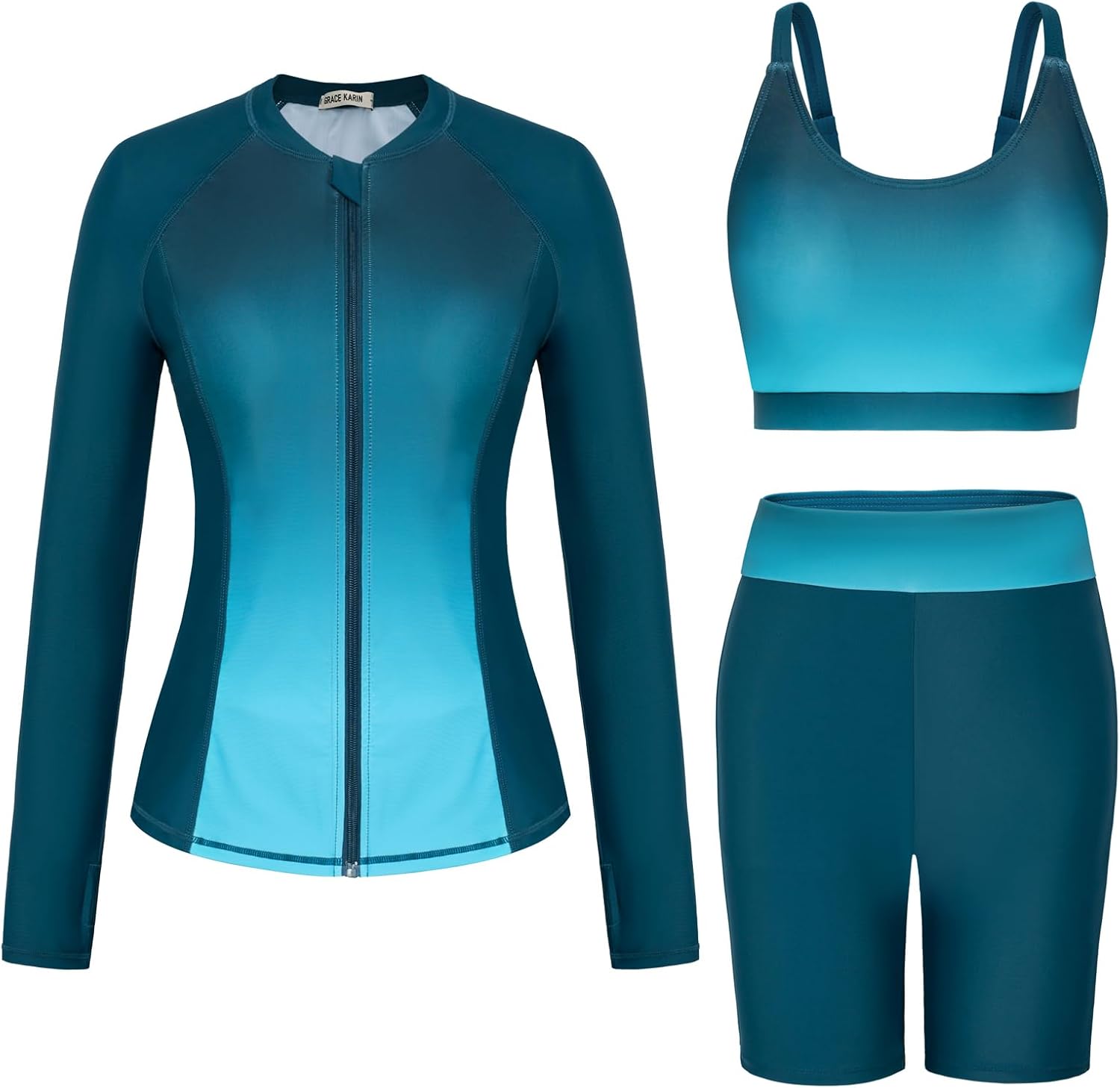 Thumbnail 5 de GRACE KARIN Rashguard Maillot de Bain 3 pièces à Manches Longues pour Femme avec Fermeture éclair – Ensemble Tankini élégant