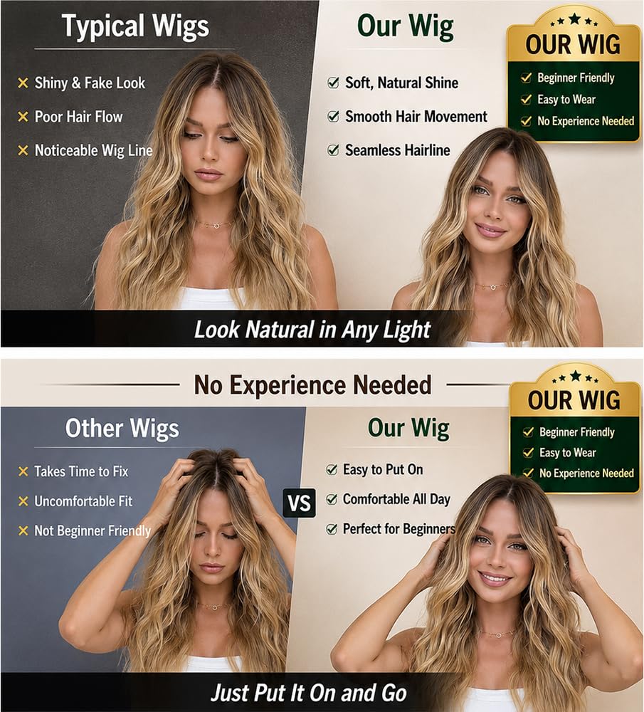 Detalle 2 de HMHIFI 26-Inch Blonde Wig, Long Wavy Curls and Middle Part