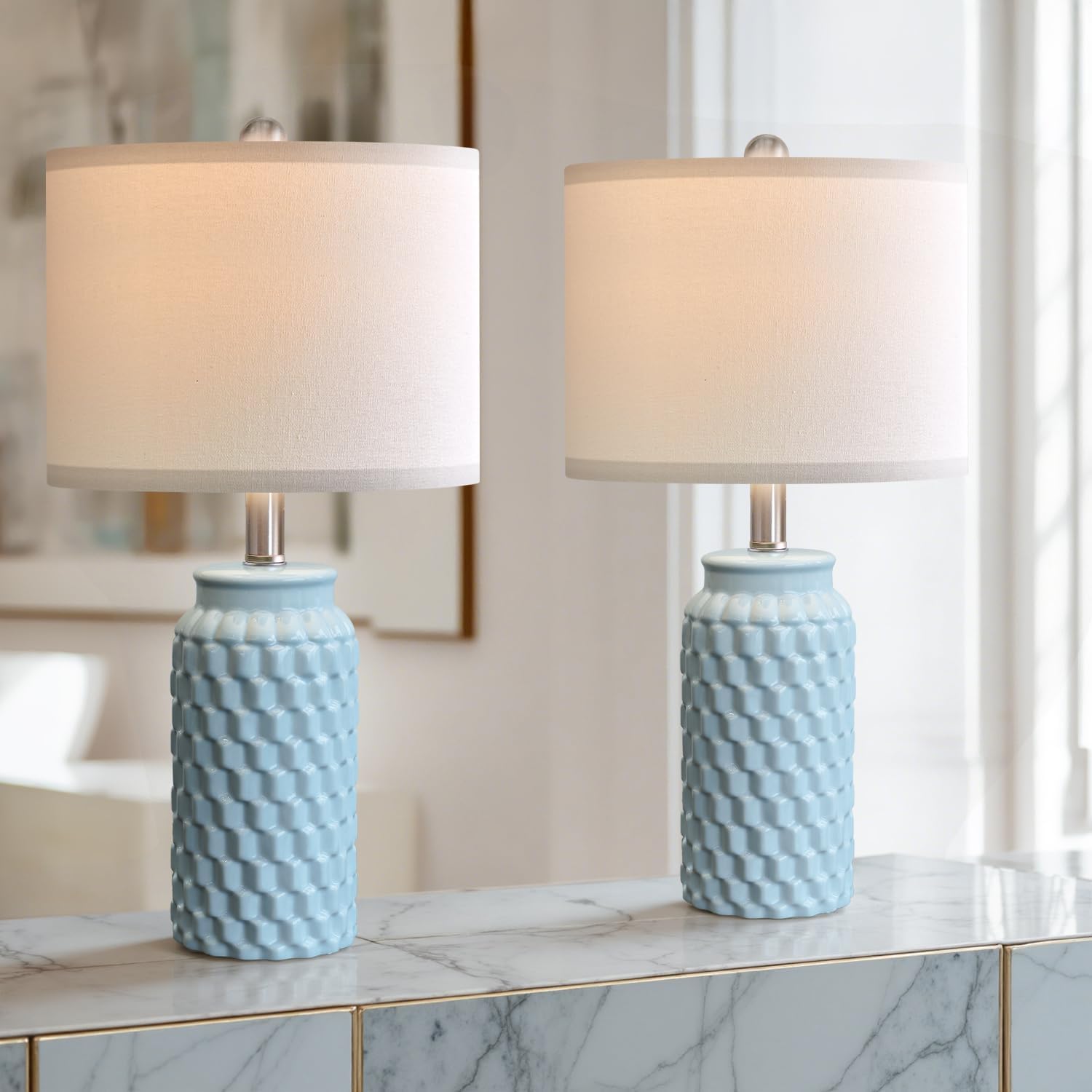 Detalle de USumkky 20.5" Light Blue Ceramic Table Lamps, Set of 2 with Linen Shades
