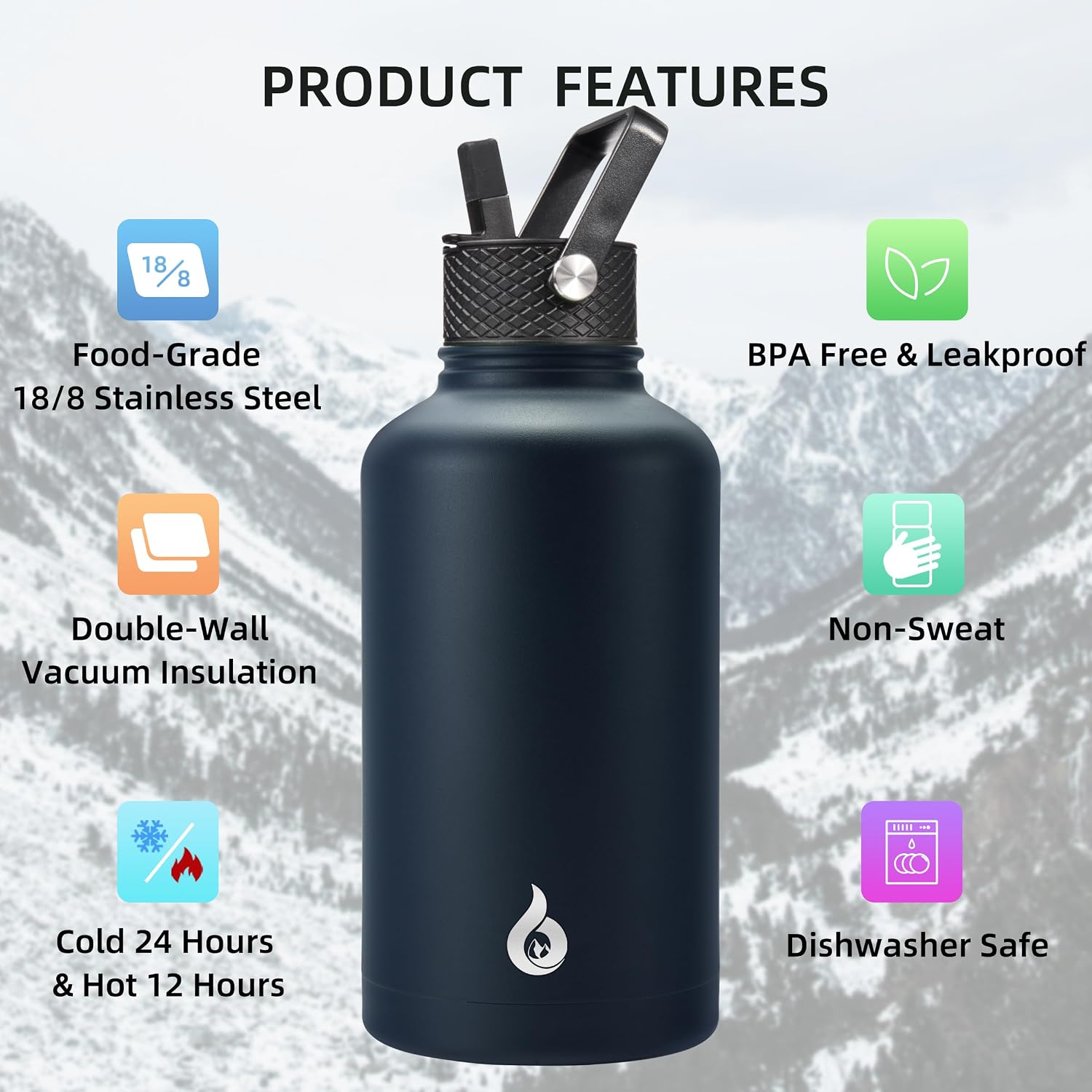 Detalle de BJPKPK 64oz Half Gallon Insulated Water Bottle (Navy Blue) with Straw Lid, 3 Lids & Paracord Handle