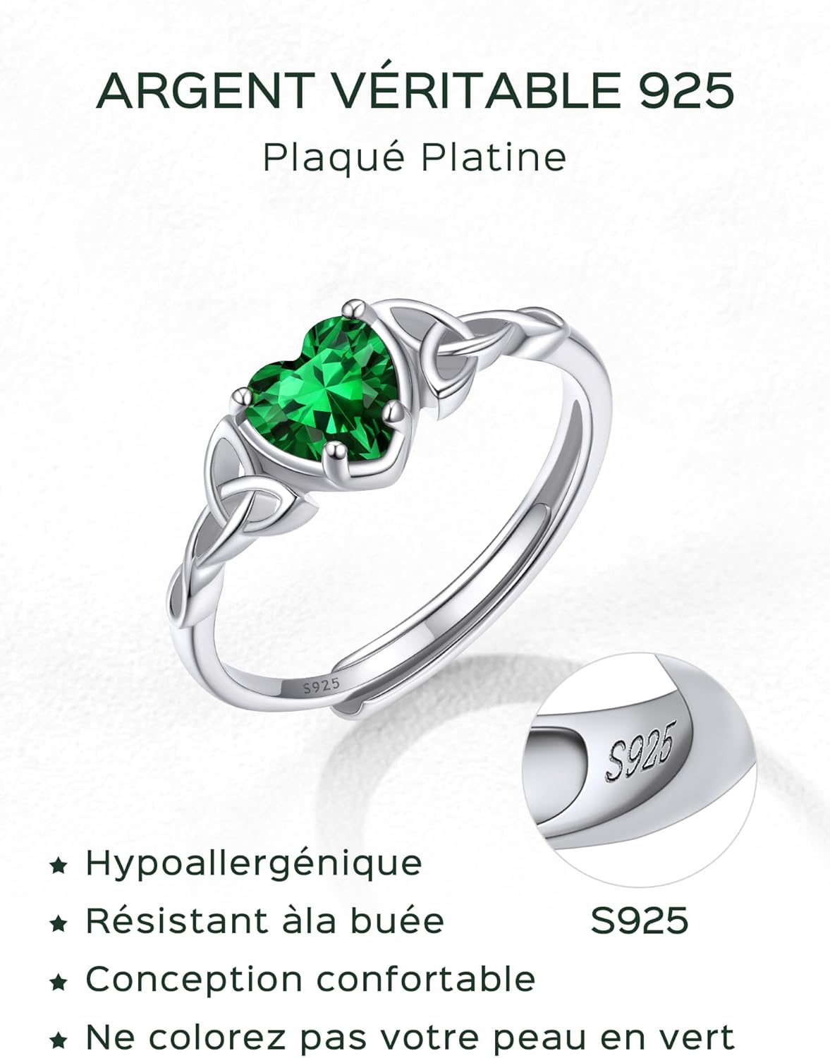 Thumbnail 3 de ChicSilver Bague femme argent 925 nœud celtique, cœur zirconia, réglable