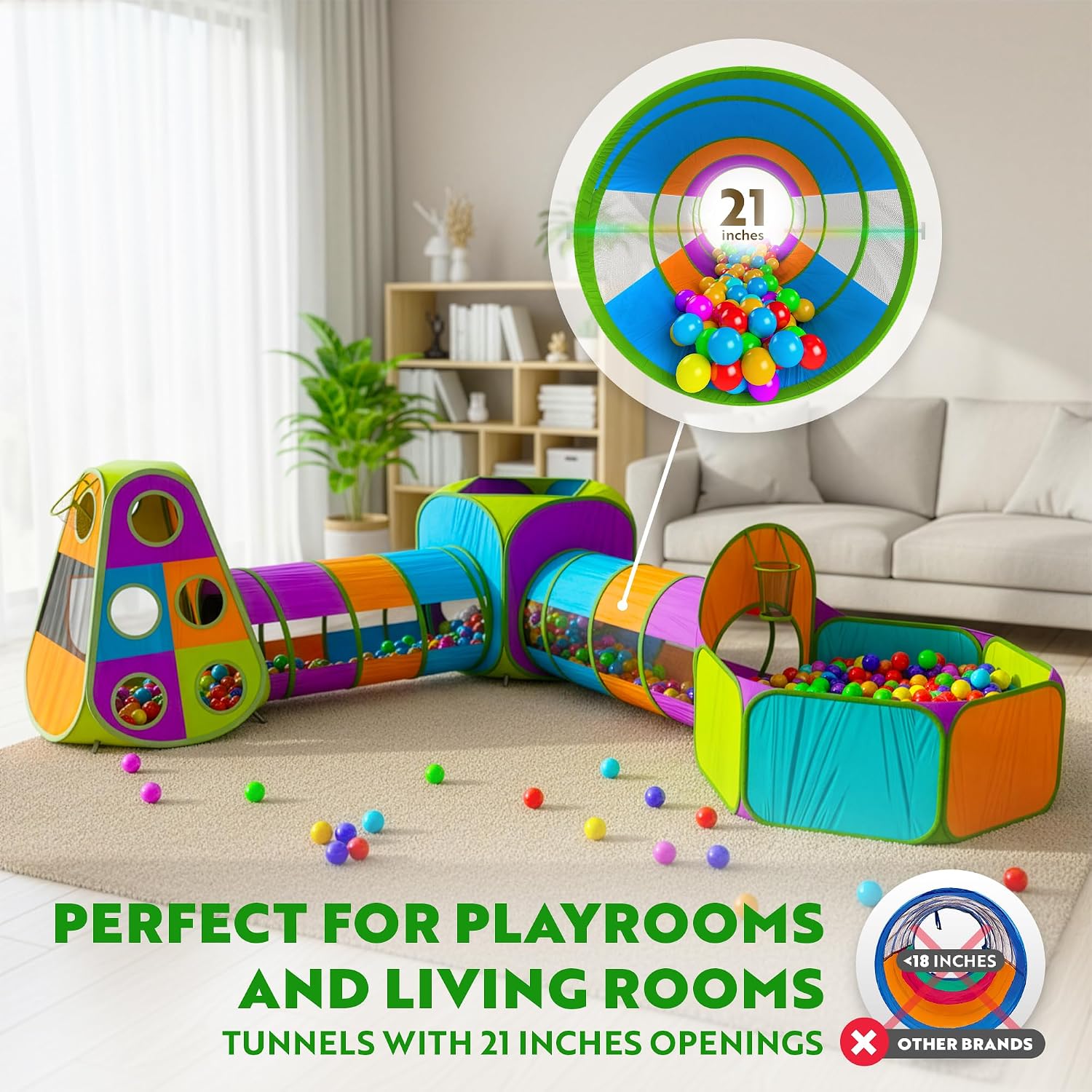 Detalle 2 de Playz 5-Piece Kids Pop Up Play Tent, Crawl Tunnel, Ball Pit, and Basketball Hoop Set