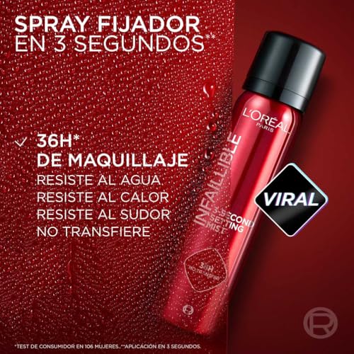 Detalle de L’Oréal Paris Spray Fijador de Maquillaje Infaillible: fijación duradera, resistente al agua y acabado satinado