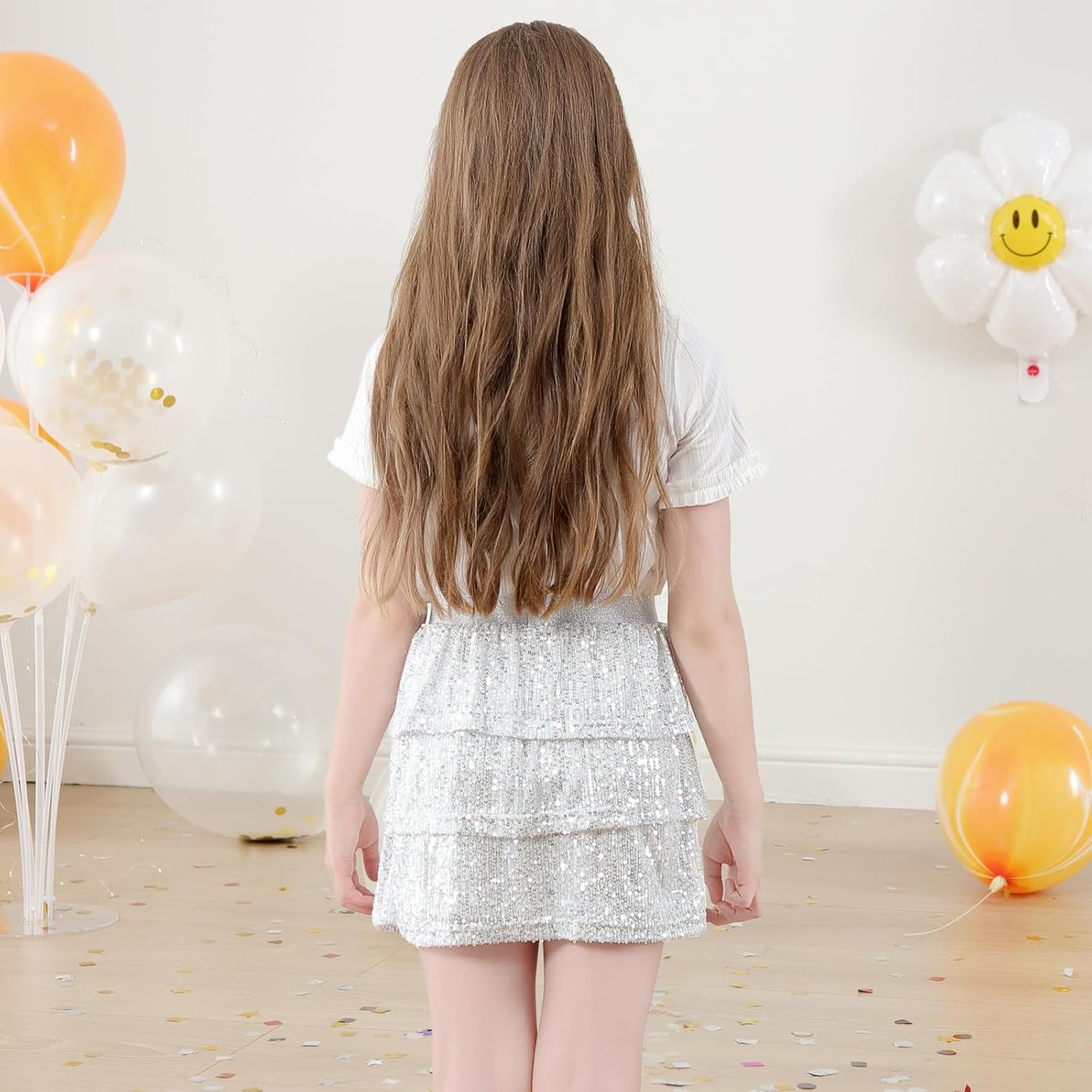 Detalle de Bezioner Girls Sequin Skirt: Layered Glitter Skater Skirt for Kids (5–14 Years)