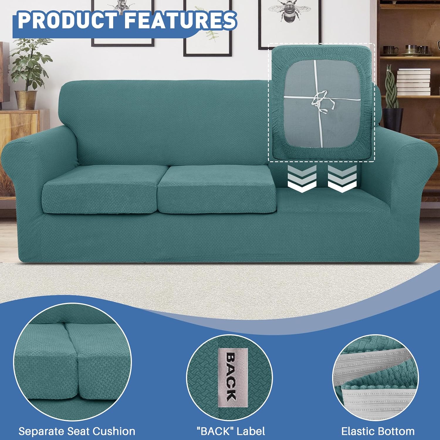 Detalle de JIVINER 4-Piece Stretch Sofa Cover for 3 Cushions, Peacock Blue