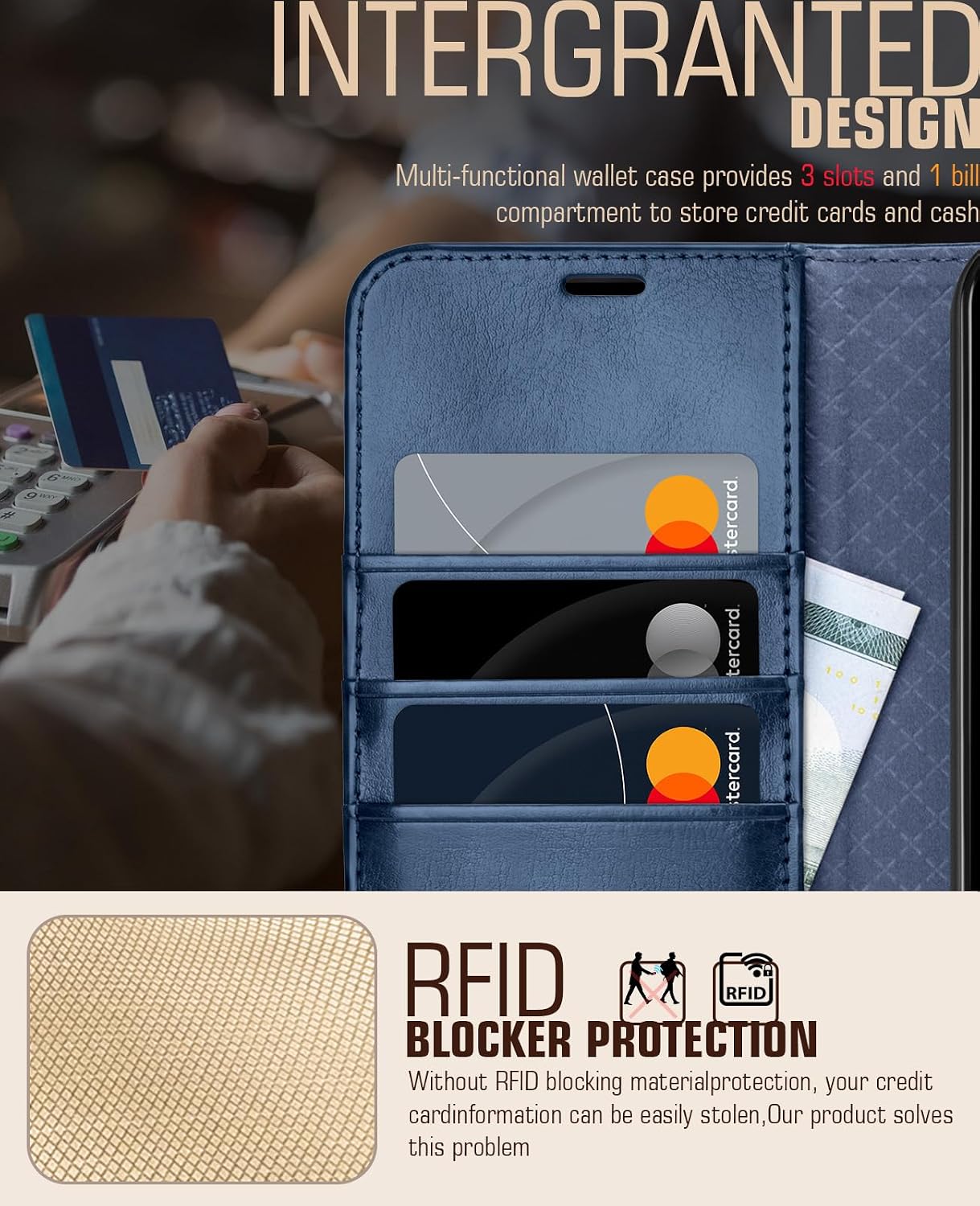 Detalle de OCASE Lederhülle mit Standfunktion und Kartenfach für Google Pixel 8A (2024) – Blau