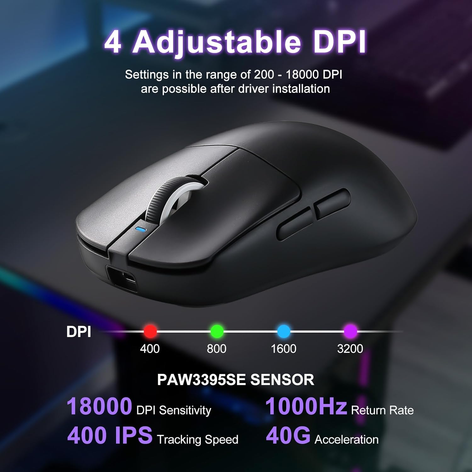 Thumbnail 2 de MIKIBY R1 SE+ Gaming Mouse — 18000 DPI, PAW3395 SE Sensor, 55g, Tri-Mode USB-C/2.4G/BT5.0, Programmable Ergonomic