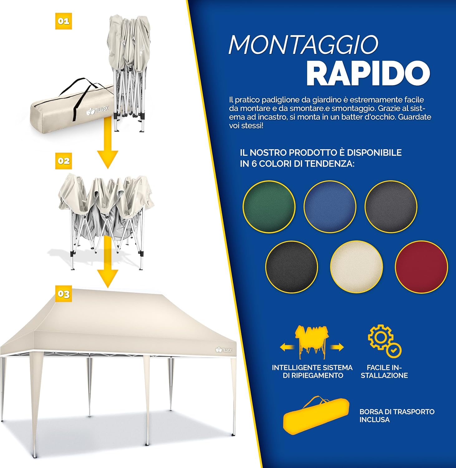 Thumbnail 3 de Tillvex gazebo da giardino 3x6 m pieghevole regolabile in altezza con tenda pop up impermeabile UV 50+ (beige)