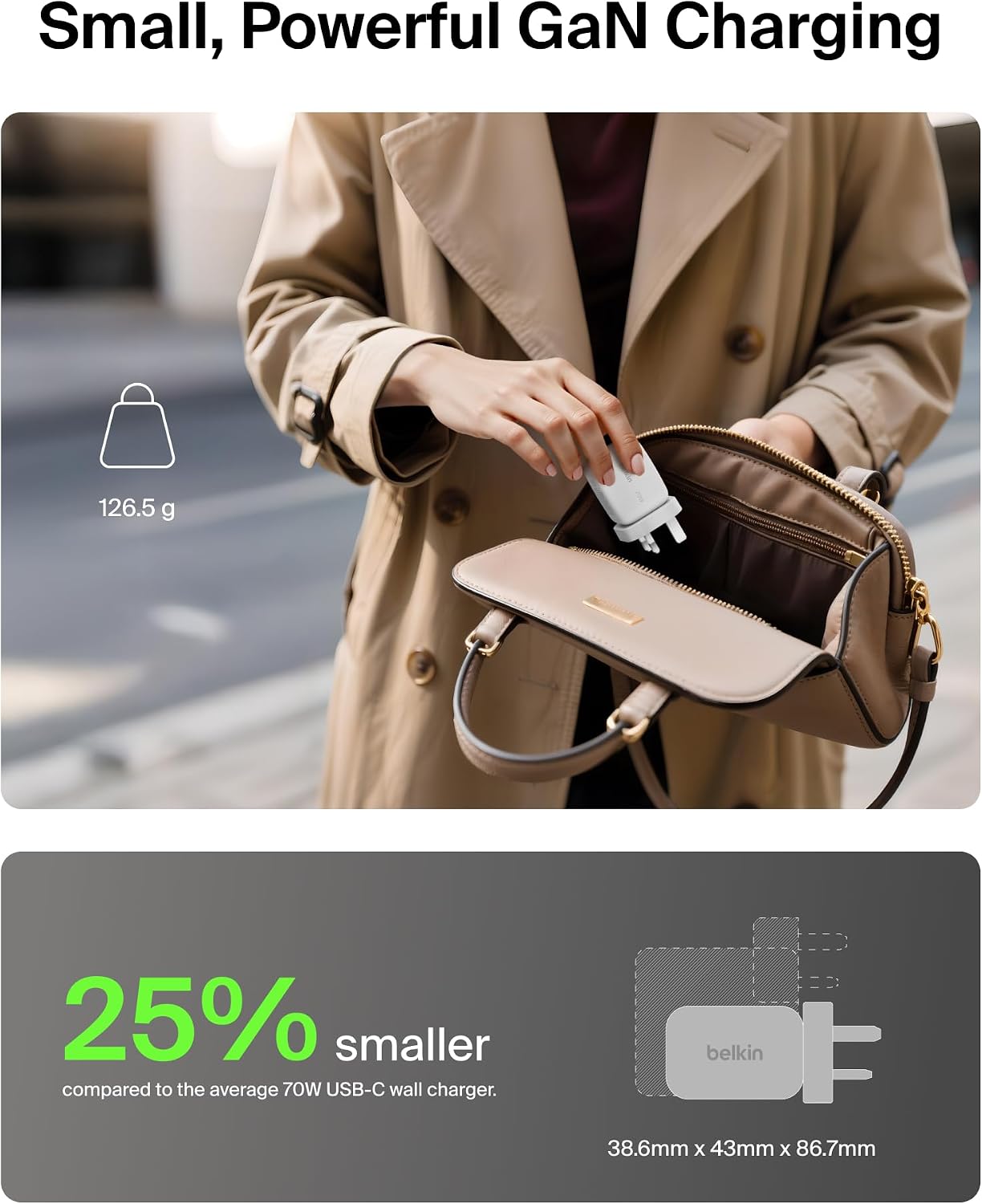 Detalle de Belkin 3-Port USB-C Plug 70W GaN Wall Charger (2x USB-C + 1x USB-A), White