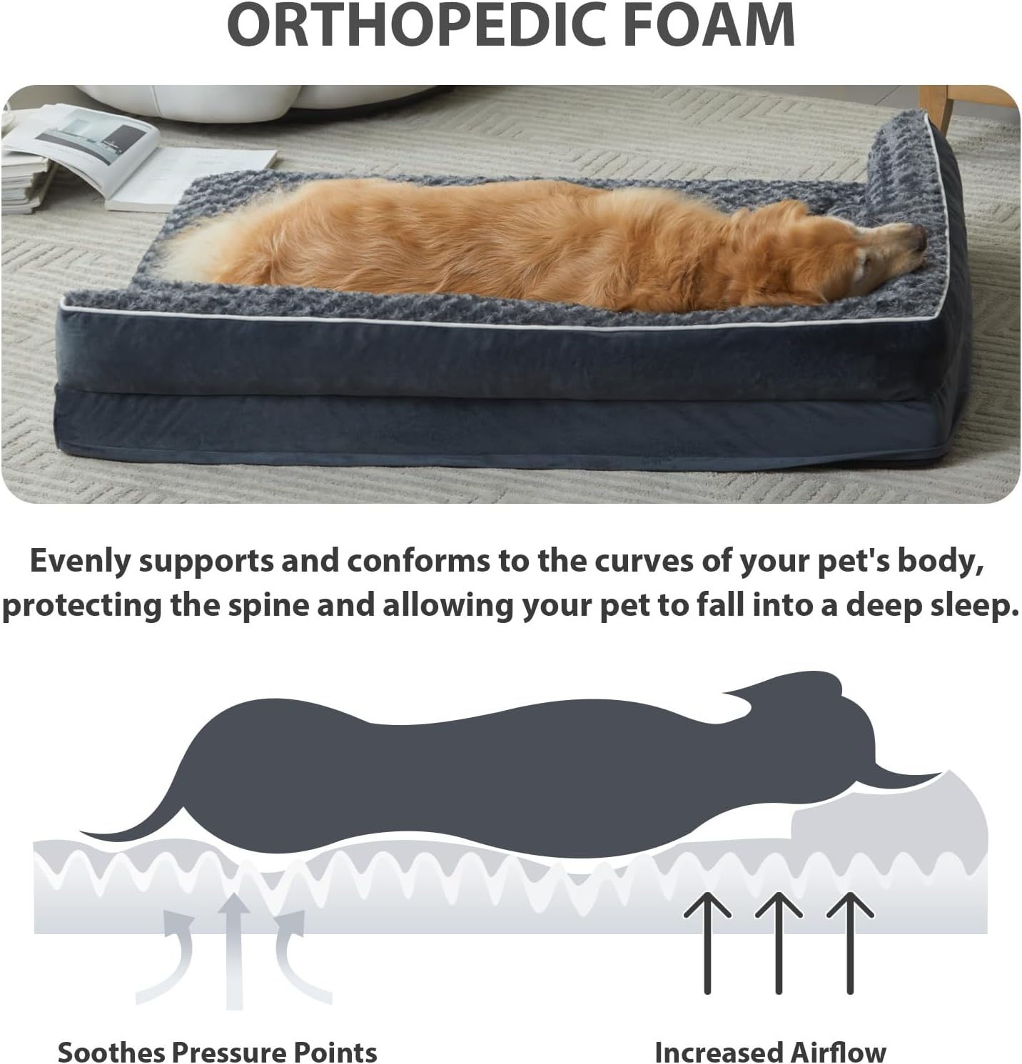 Detalle 2 de BFPETHOME Orthopedic Dog Bed, 42 x 30-Inch L-Shaped with Egg-Crate Foam