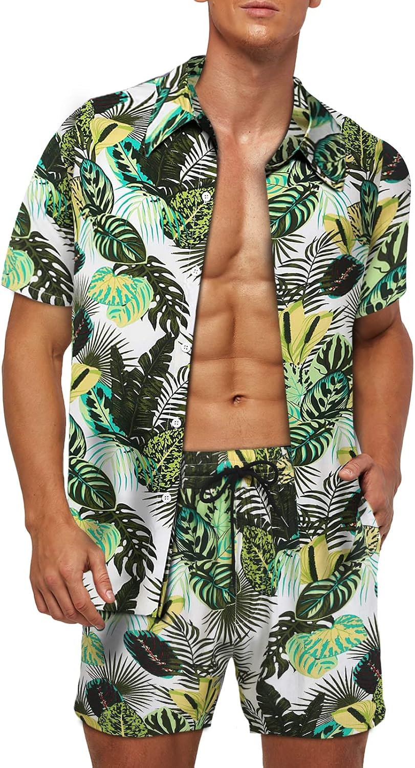 Detalle de AOTORR Men's Hawaiian Tracksuit Set: Floral Short Sleeve Shirt & Shorts for Summer