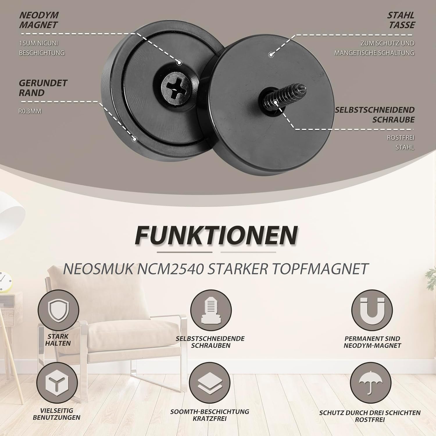 Thumbnail 6 de Neosmuk Magnet 25mm Loch Schwarz