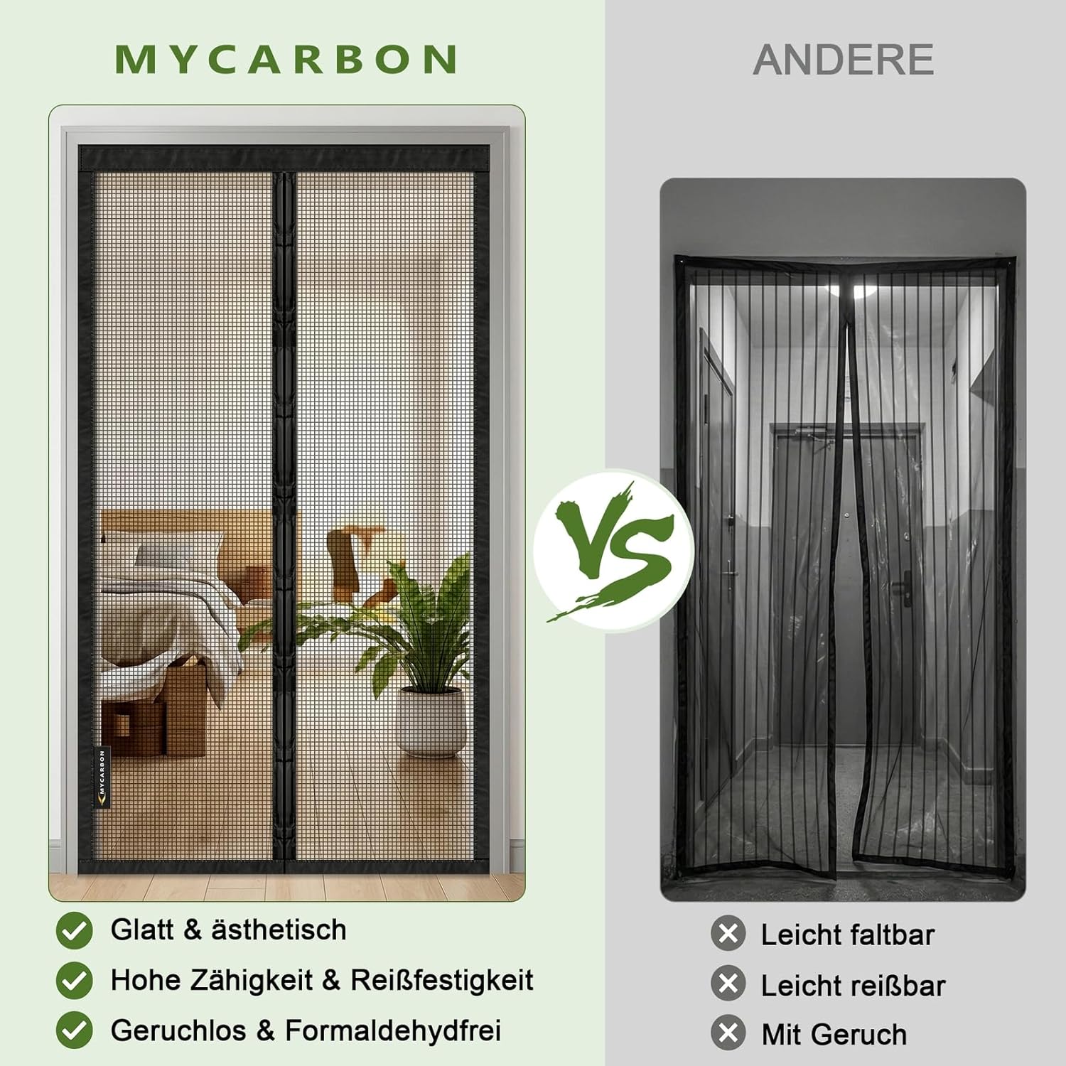 Detalle de MYCARBON Fiberglas Fliegengitter Balkontür gegen Katzenkratzer – 95x210 cm, 3,8 cm Klettband, UV-beständig, schwarz