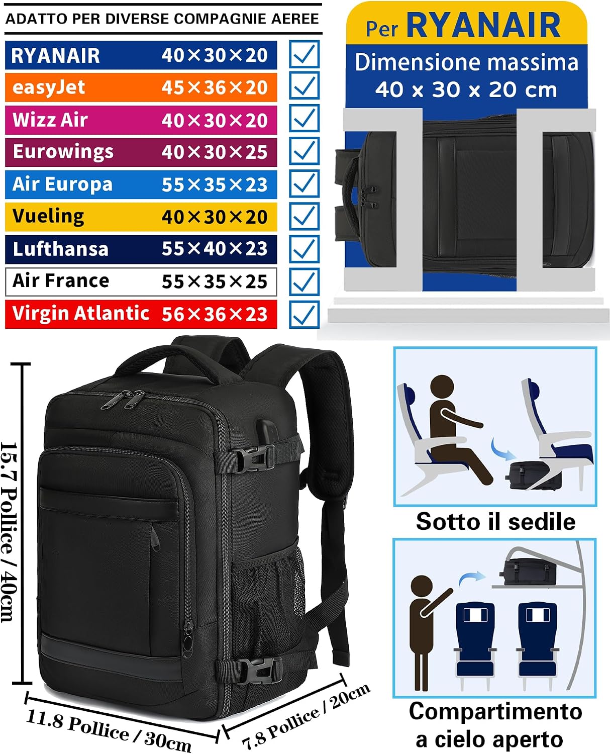 Detalle 2 de KLOSTAIN Zaino 40x30x20 Ryanair 24L per bagaglio a mano in cabina, nero