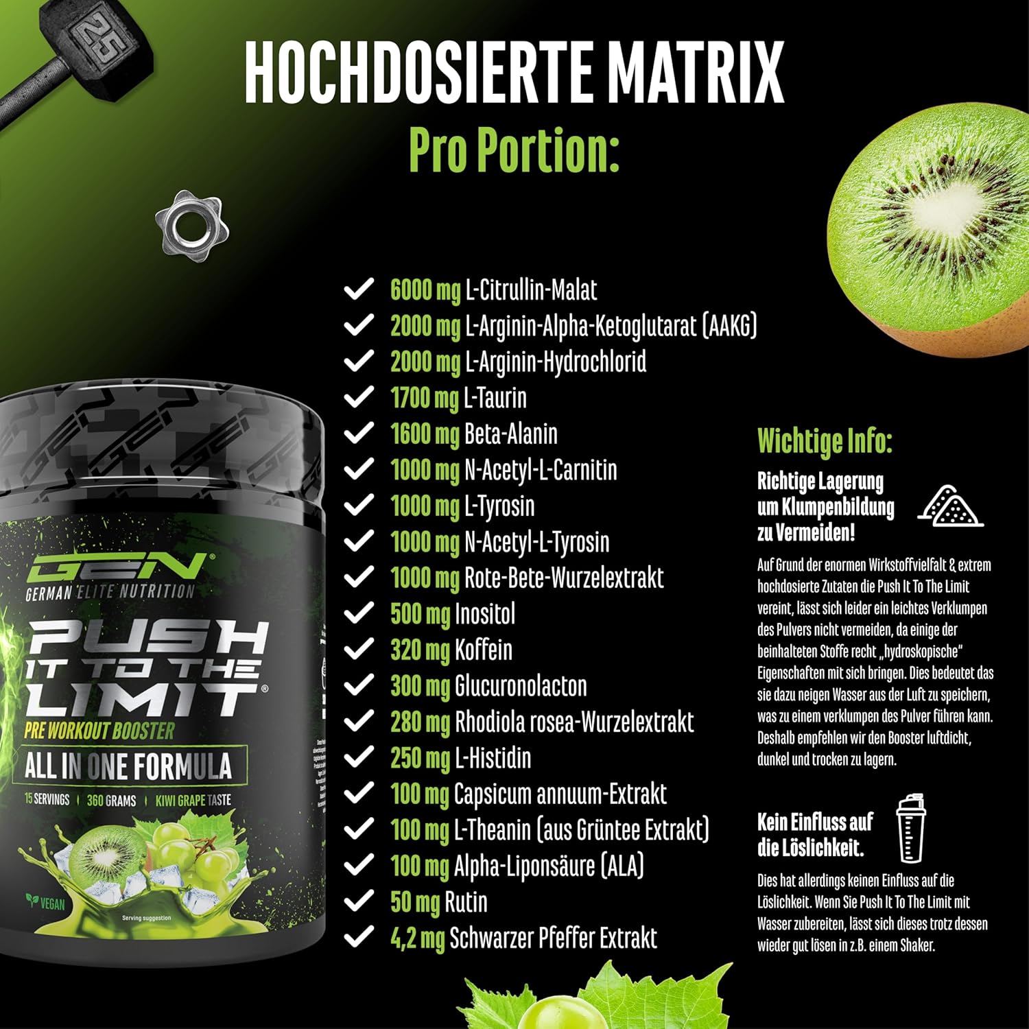 Detalle de Push it to the Limit Pre Workout mit L-Arginin, Citrullin & Koffein – 360 g (Kiwi-Grape)