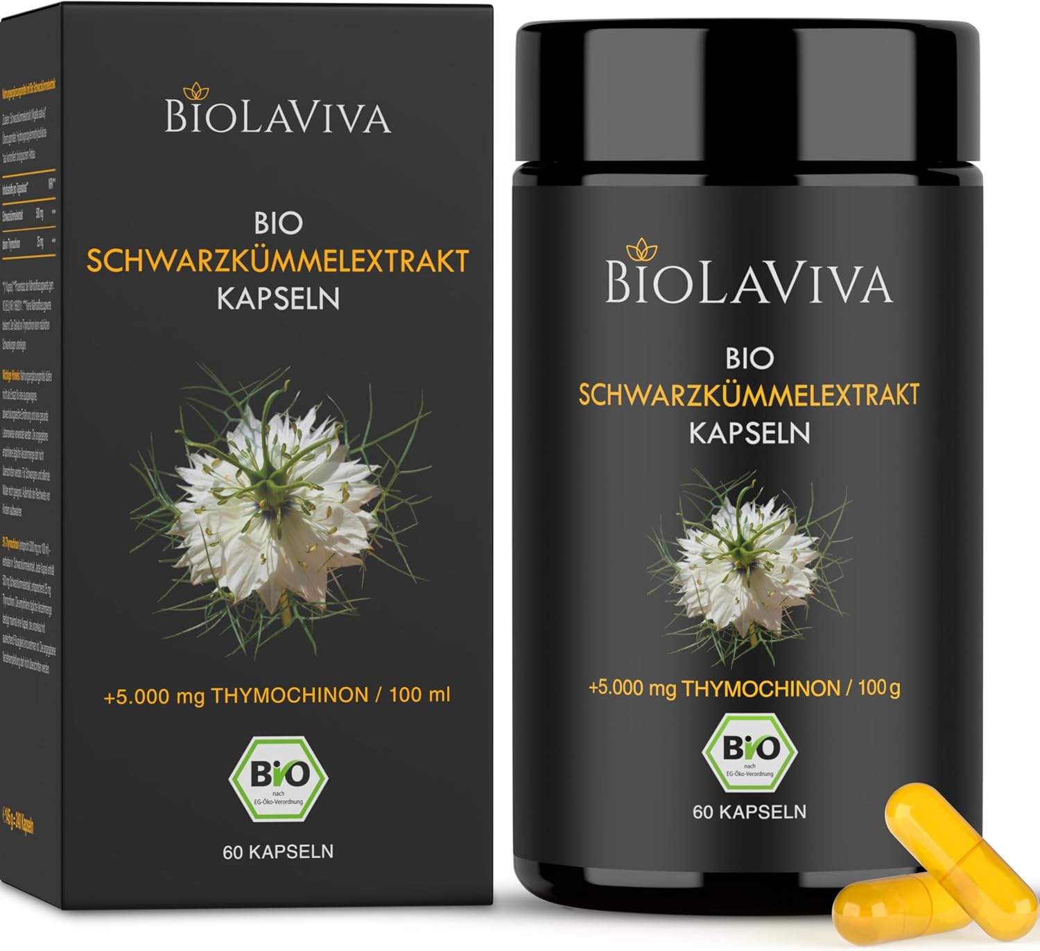 Detalle de Premium BIO Schwarzkümmelöl Kapseln (Nigella sativa) – 5.000 mg Thymochinon, 60 vegane Kapseln im lichtgeschützten Violettglas