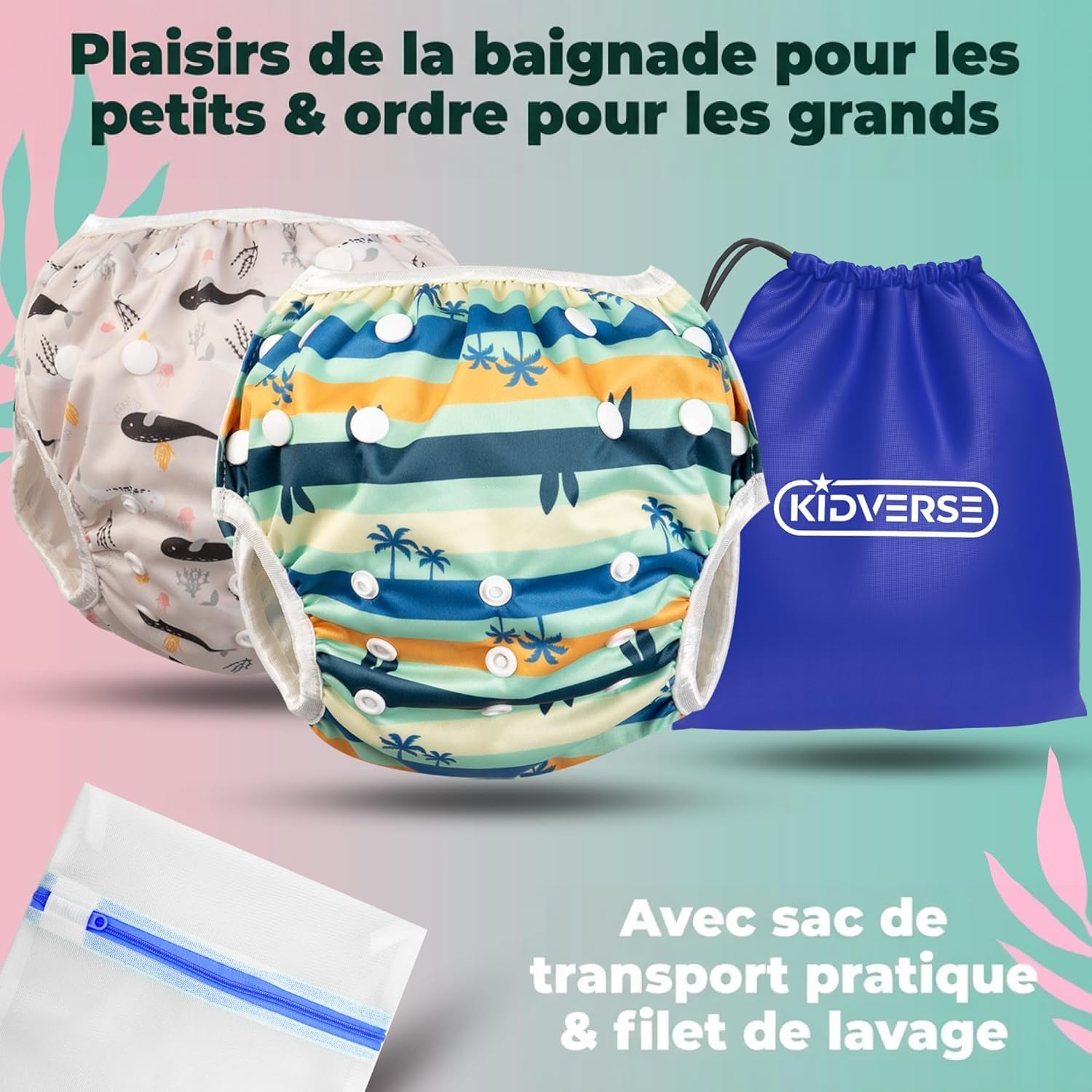 Detalle de KIDVERSE 2er Set Schwimmwindel Baby (0–3 Jahre) – wiederverwendbar, hautfreundlich mit Tasche & Wäschenetz